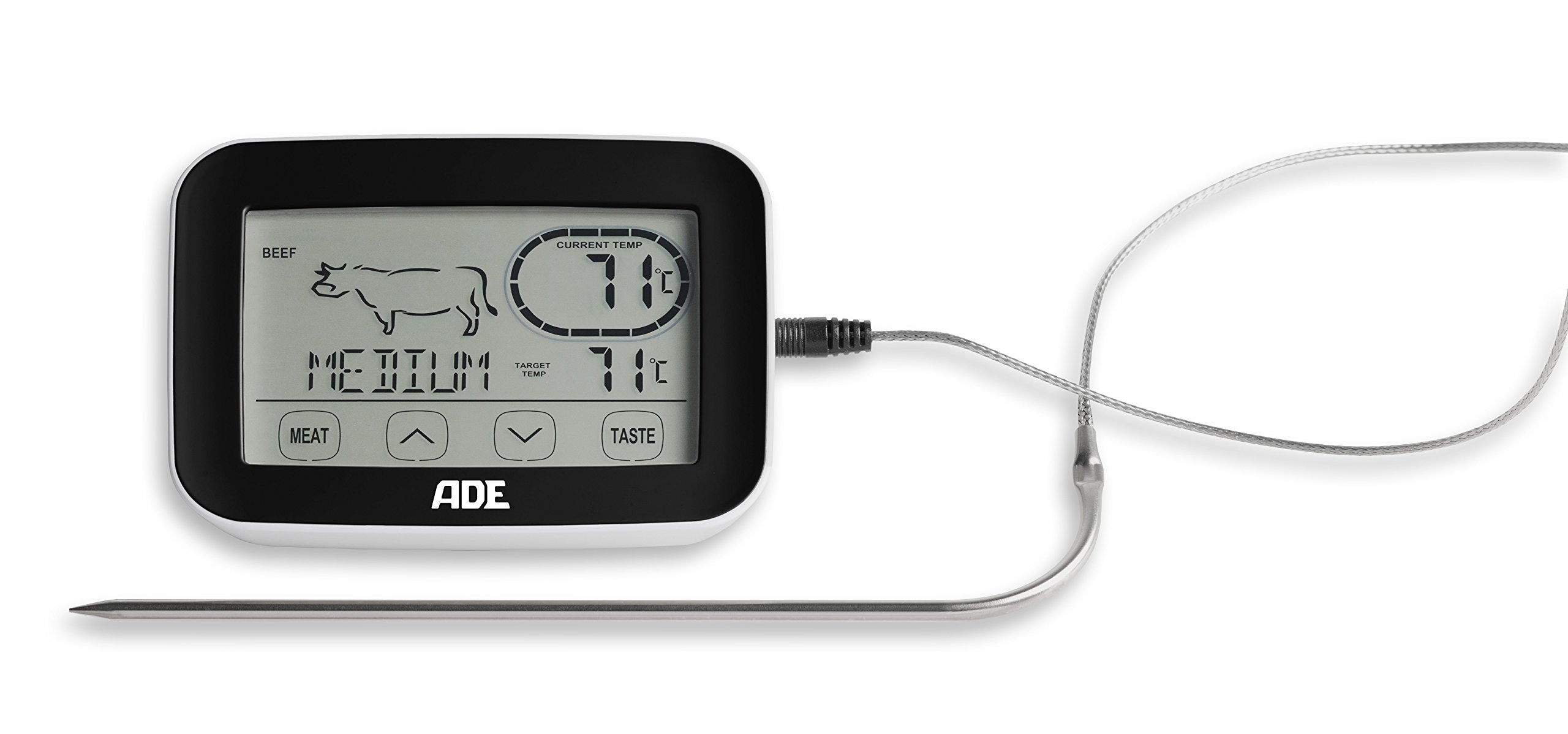 ADE BBQ 1408 Funk-Bratenthermometer. Digitales Grill-Thermometer mit Touch-Display, Funkempfänger, Messgabel aus Edelstahl. Elektronisches Ofenthermometer für den perfekten Garpunkt. Inkl. Batterien