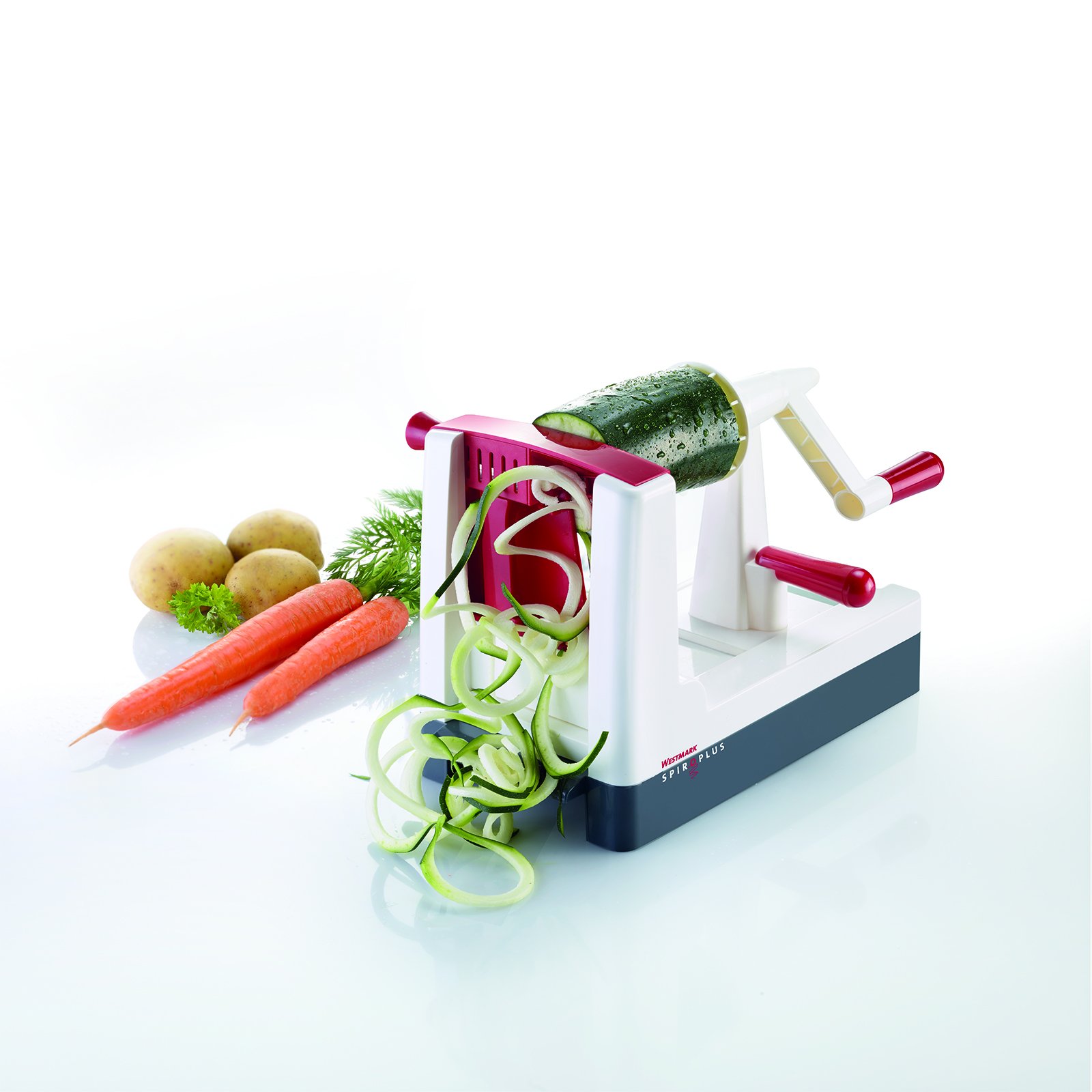 Westmark Gemüse-Spiralschneider mit 1 Schneideinsatz für 4 Spiralvarianten, Schneidstärke verstellbar, Rostfreier Edelstahl-Kunststoff, Spiro Plus, Weiß-Dunkelgrau-Rot, 97132260