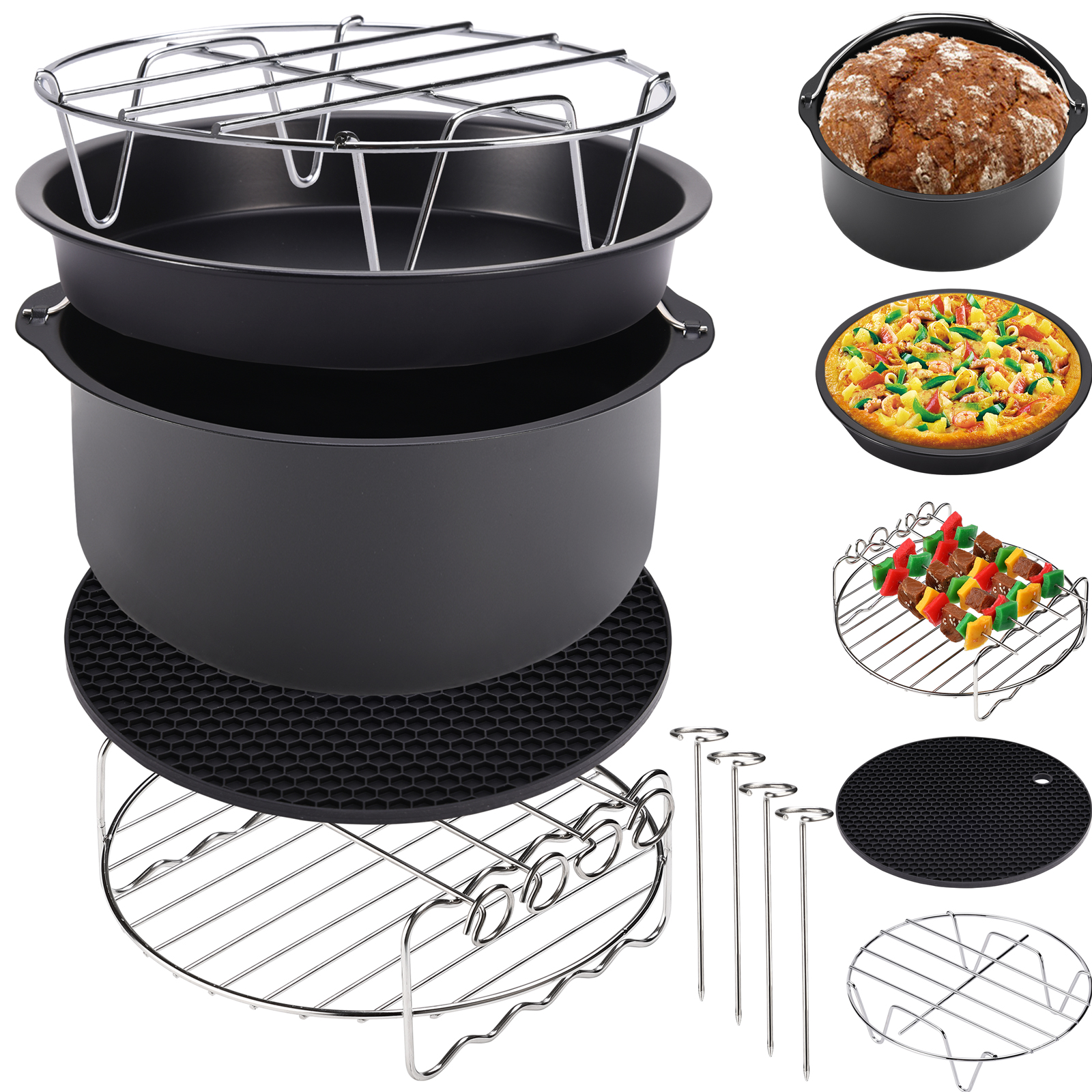 Zubehör für Heißluftfritteuse 6,5L Heißluft Fritteuse 9 tlg. Brotbackkorb Pizzablech