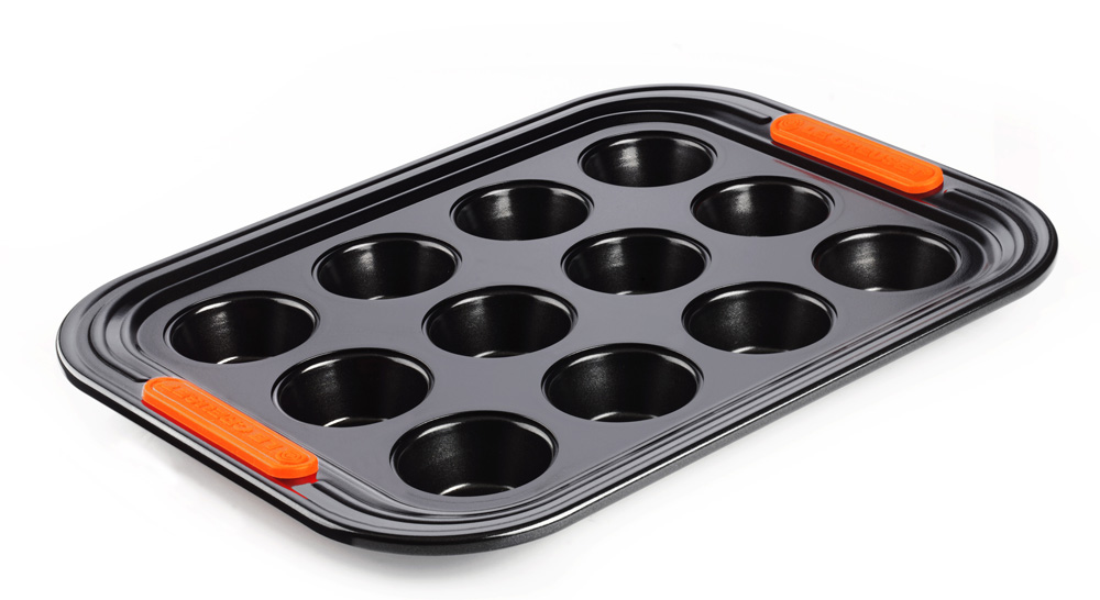 Le Creuset Antihaft Mini-Muffinform, Für 12 Stück (Ø 4,5 cm), PFOA-frei, Sauerteigbeständig, Aus Karbonstahl gefertigt, Anthrazit-Orange