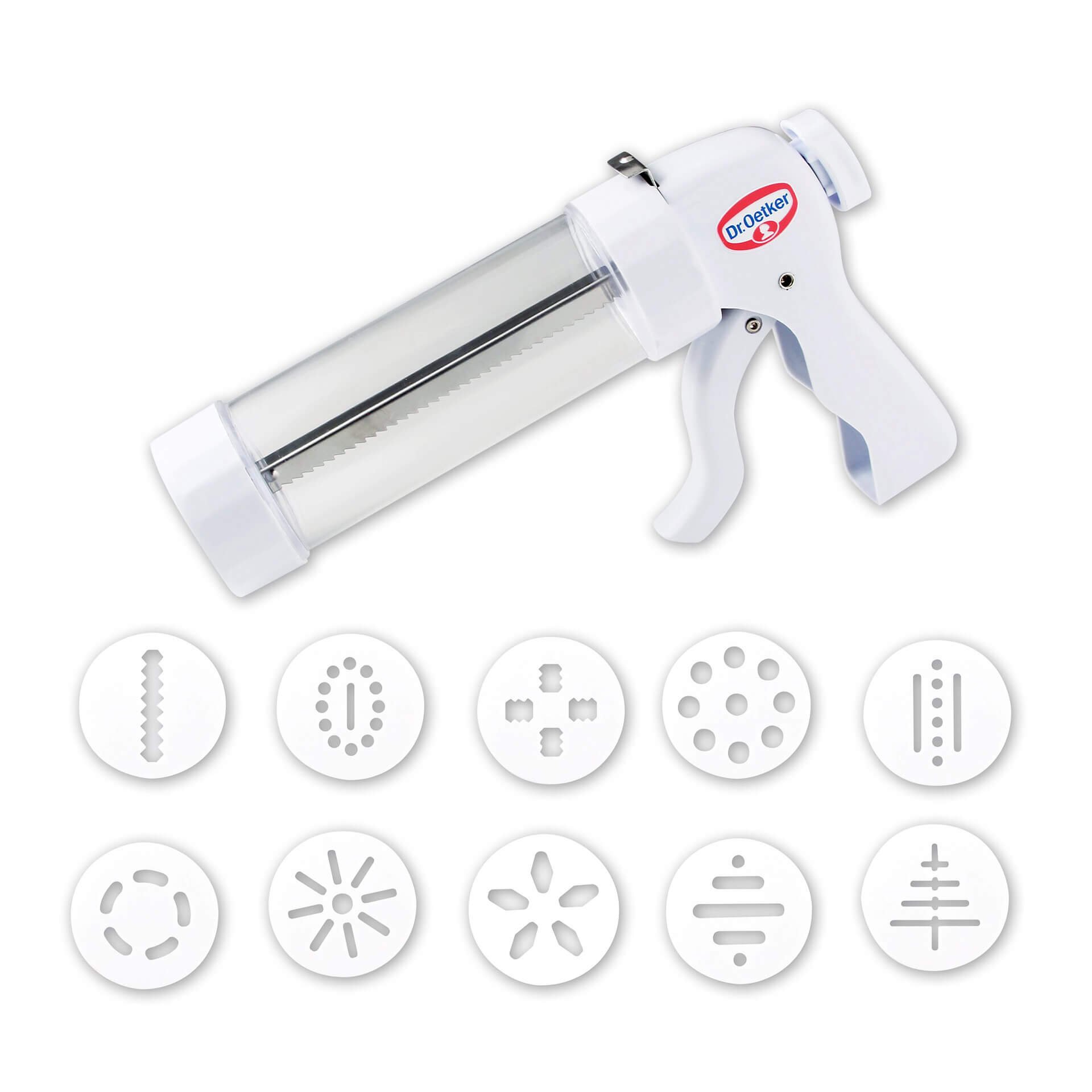 Dr. Oetker Gebäckpresse inkl. 10 Formscheiben Kunststoff, Gebäckspritze, für variantenreiches Spritz-Gebäck, komfortabler Hebelmechanismus, Menge: 1 Stück