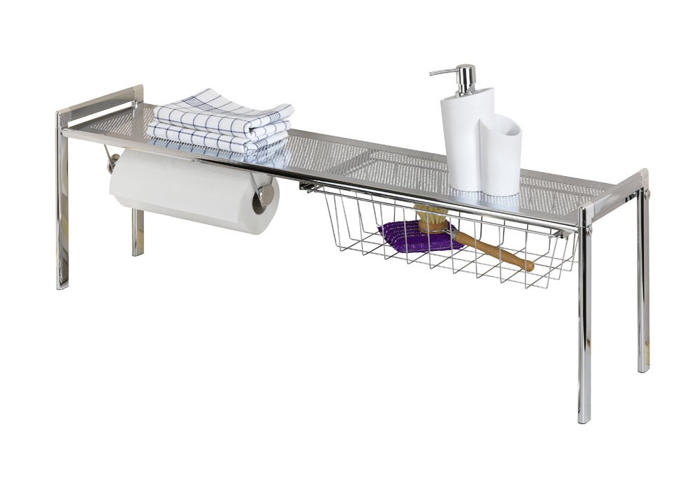 WENKO Spülbeckenregal Exquisit - mit Küchenrollenhalter, 93 x 30 x 21,5 cm, silber glänzend