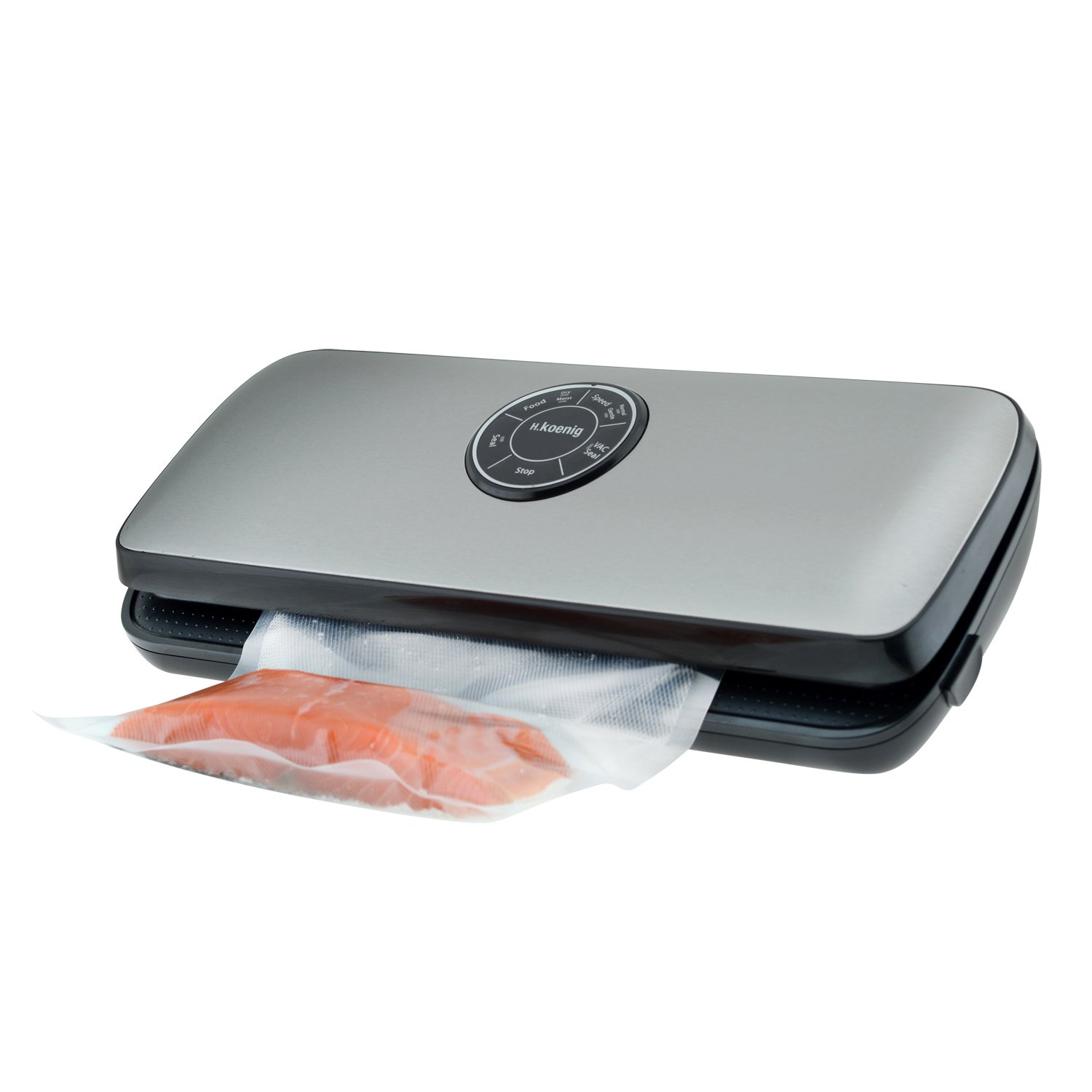 H.Koenig SSV24 Vakuumierer - luftdichte Aufbewahrung von Lebensmitteln - 6 Sekunden - mit Bedienfeld - mit 20 Vakuumbeutel - Edelstahl - silber