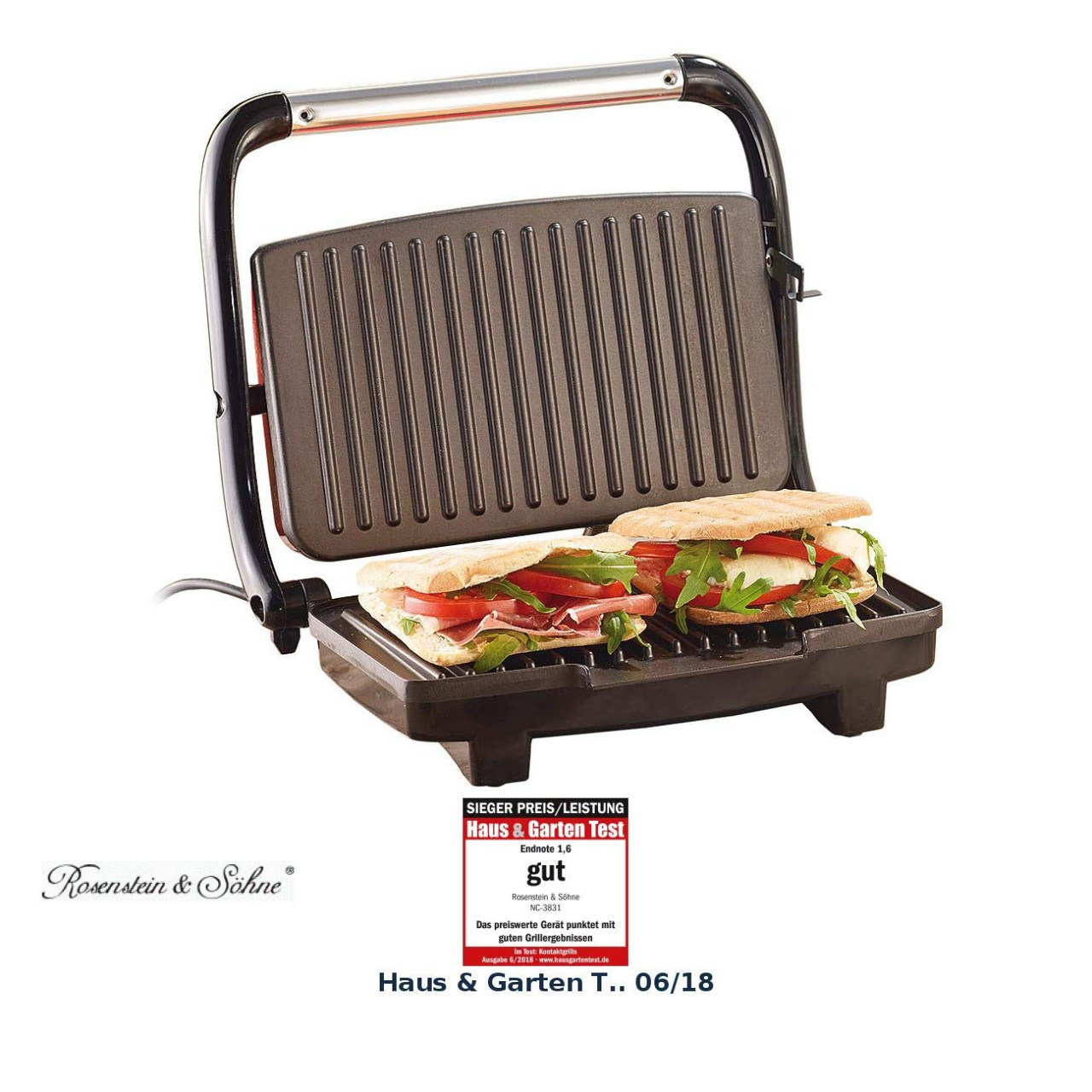 Rosenstein & Söhne CG-2510 Sandwichmaker, Panini-Grill, 1000W, ca. 27 x 16,5 cm, Kontrollleuchte, rot