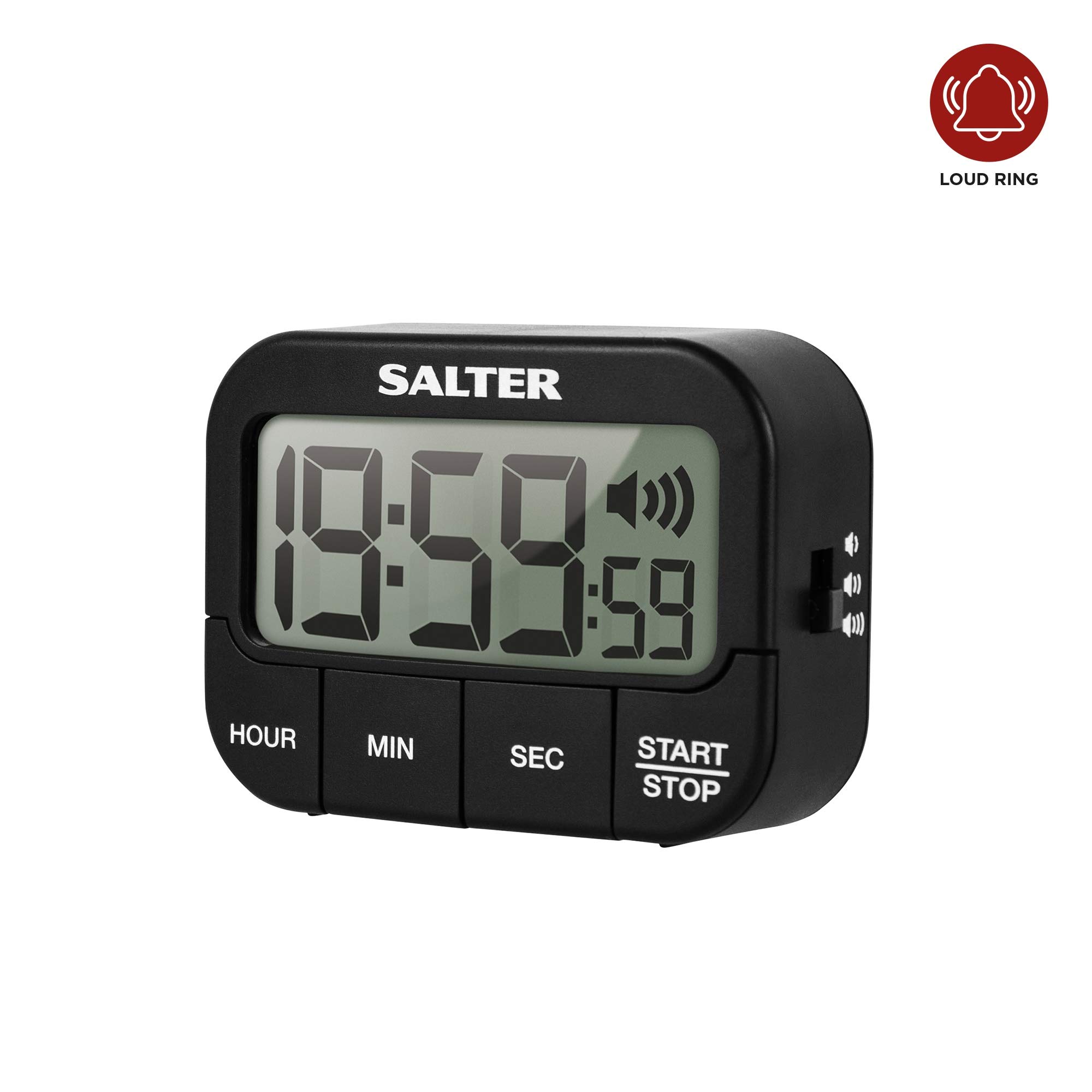 SALTER extralauter Küchentimer aus Kunststoff, Küchenuhr, Vorwärtszählen und Countdown Funktion, großes LCD Display, 3 einstellbare Töne-Lautstärken, Timer