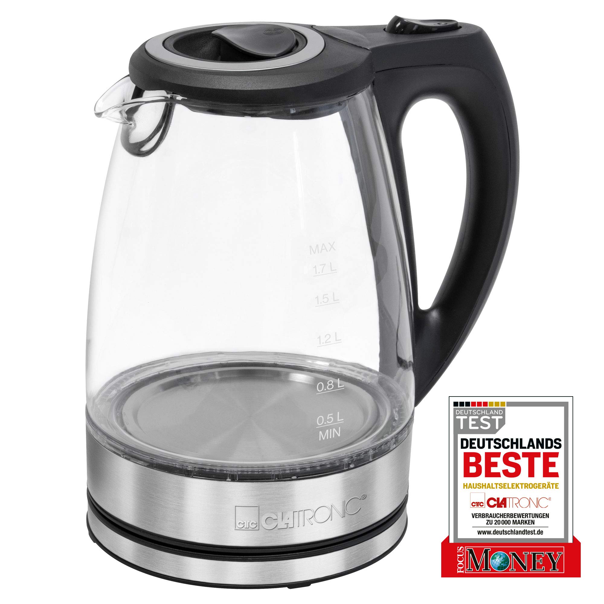 Clatronic Glas-Wasserkocher WKS 3744 G, 1,7 Liter Füllmenge, Glas--Edelstahlgehäuse, kabellose Technik - leichtes Ein- und Ausgießen, verriegelter Sicherheitsklappdeckel, 360° drehbare Steckverbindung