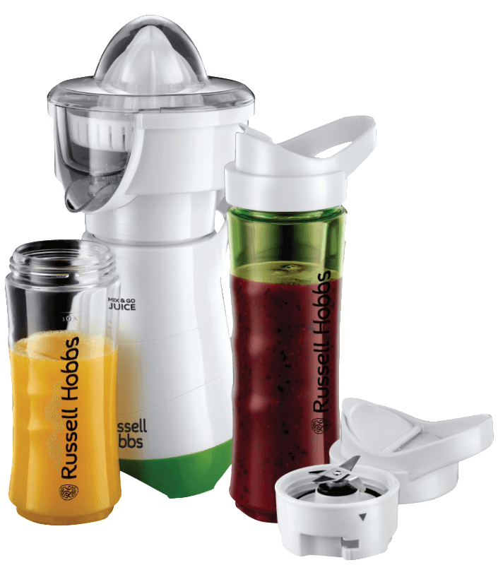 Russell Hobbs Smoothie Maker Mix&Go Juice Explore, inkl. Aufsätze: Mixer- & 2 Zitruspressen-Aufsätze, 22.300 U-min, 2 Trinkflaschen, Zitruspresse, elektrischer Entsafter Küchenmaschine 21352-56