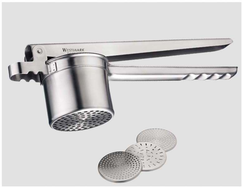Westmark Kartoffel--Spätzlepresse, Mit 4 austauschbaren Lochscheiben, Rostfreier Edelstahl, Länge: 35 cm, Quadro, Silber, 61172260