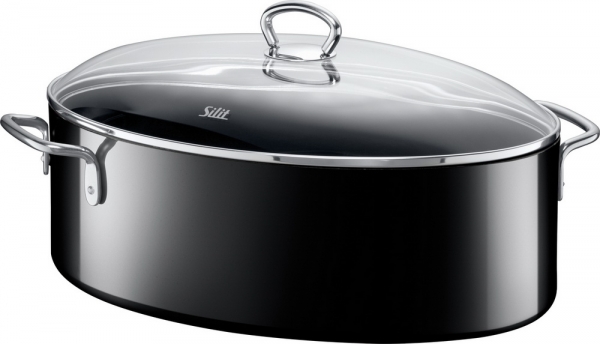 Silit Professional oval Bräter, mit Glasdeckel 36 x 25,5 x 20 cm, Silargan Funktionskeramik, induktionsgeeignet, backofenfest, schwarz, 8,1 l