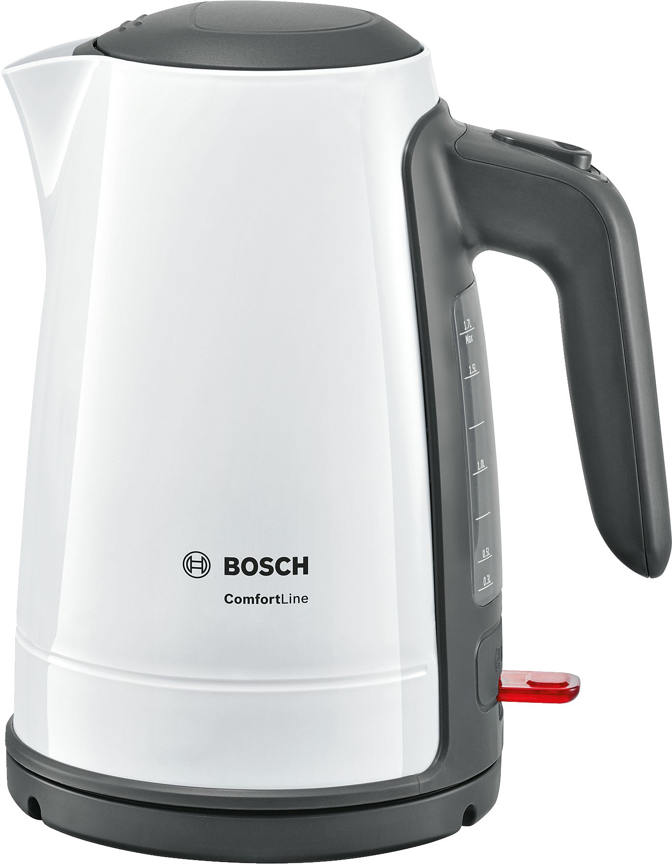 Bosch TWK6A011 ComfortLine kabelloser Wasserkocher, 1-Tassen-Funktion, große Öffnung, Überhitzungsschutz, entnehmbarer Kalkfilter, 1,7 L, 2400 W, weiß