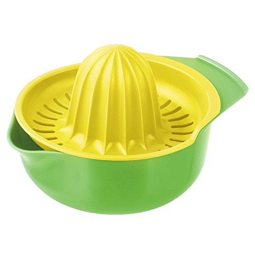 Fackelmann Zitronenpresse mit Auffangbehälter, frisch gepresster Saft ohne Kerne, Küchenhelfer zum Pressen von Limetten (Farbe: Gelb, Weiß, Gelb-Grün - nicht frei wählbar), Menge: 1 Stück