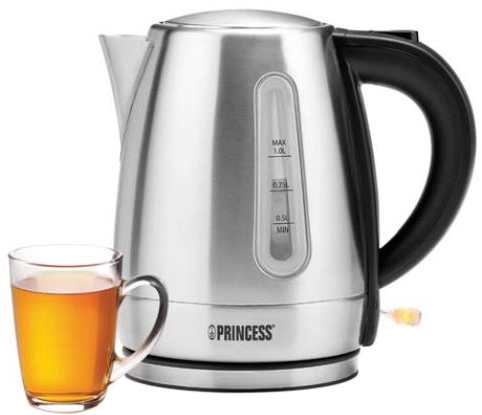 Princess Edelstahl Wasserkocher mit 1L Fassungsvermögen - 360° rotierbar mit Wasserstandsanzeige, 236023