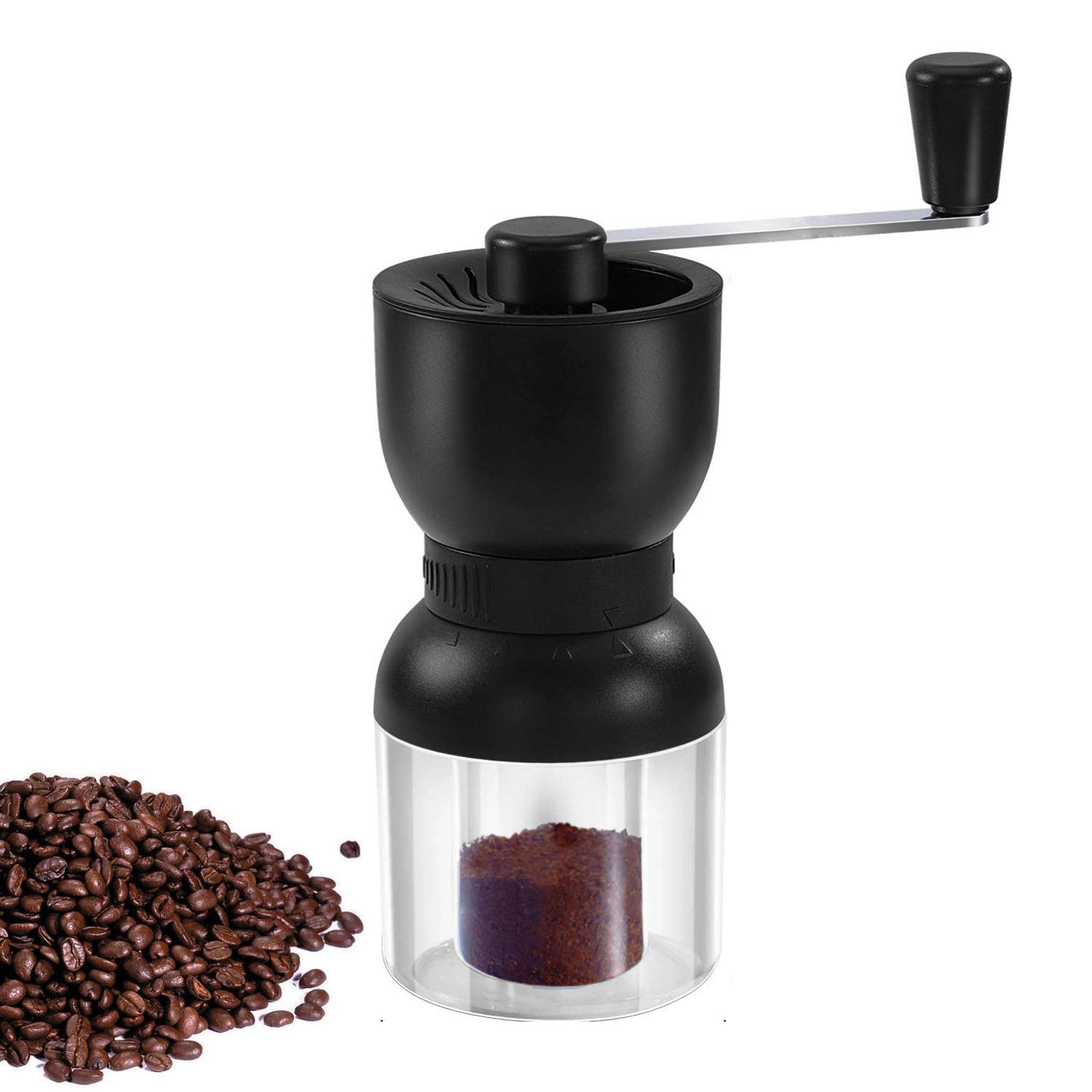 Manuelle Kaffeemühle mit Keramikfräsen, LHS Hand-Kaffeemühle mit zwei Gläsern, einstellbare Grobheit, nachfüllbare Deckel