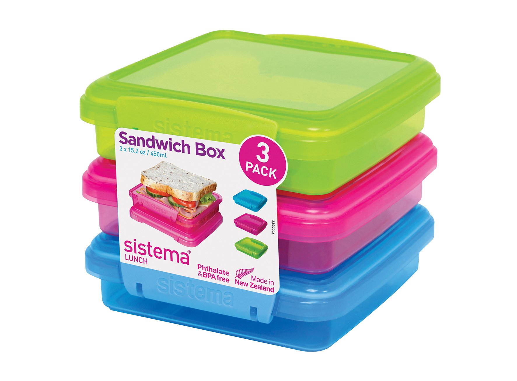 Sistema 41647 Lunch Sandwich Box mit kontrastierendem Clips, 450 ml, 3 Stück , farblich sortiert