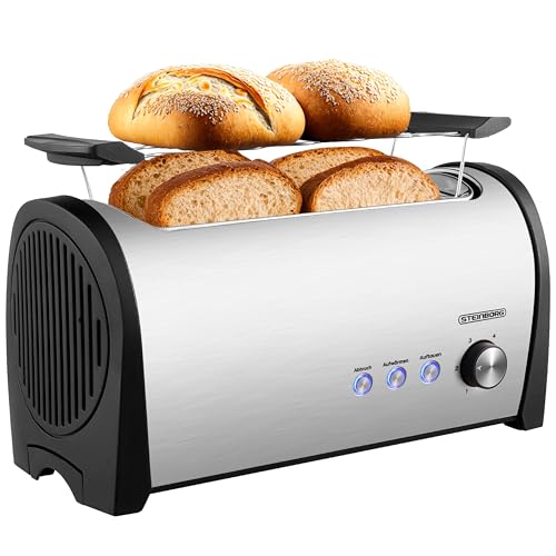 Steinborg XXL Langschlitztoaster 4 Scheiben, Edelstahl mit Brötchenaufsatz, blauer LED-Beleuchtung und automatischer Abschaltung