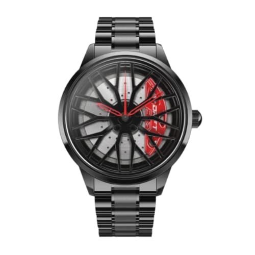 DriftElement Motorsport Felgenuhr Herren - Custom Designer Uhr im 3D Design der Sternspeichen M8 Felge aus Edelstahl, Mineralglas (Rot)