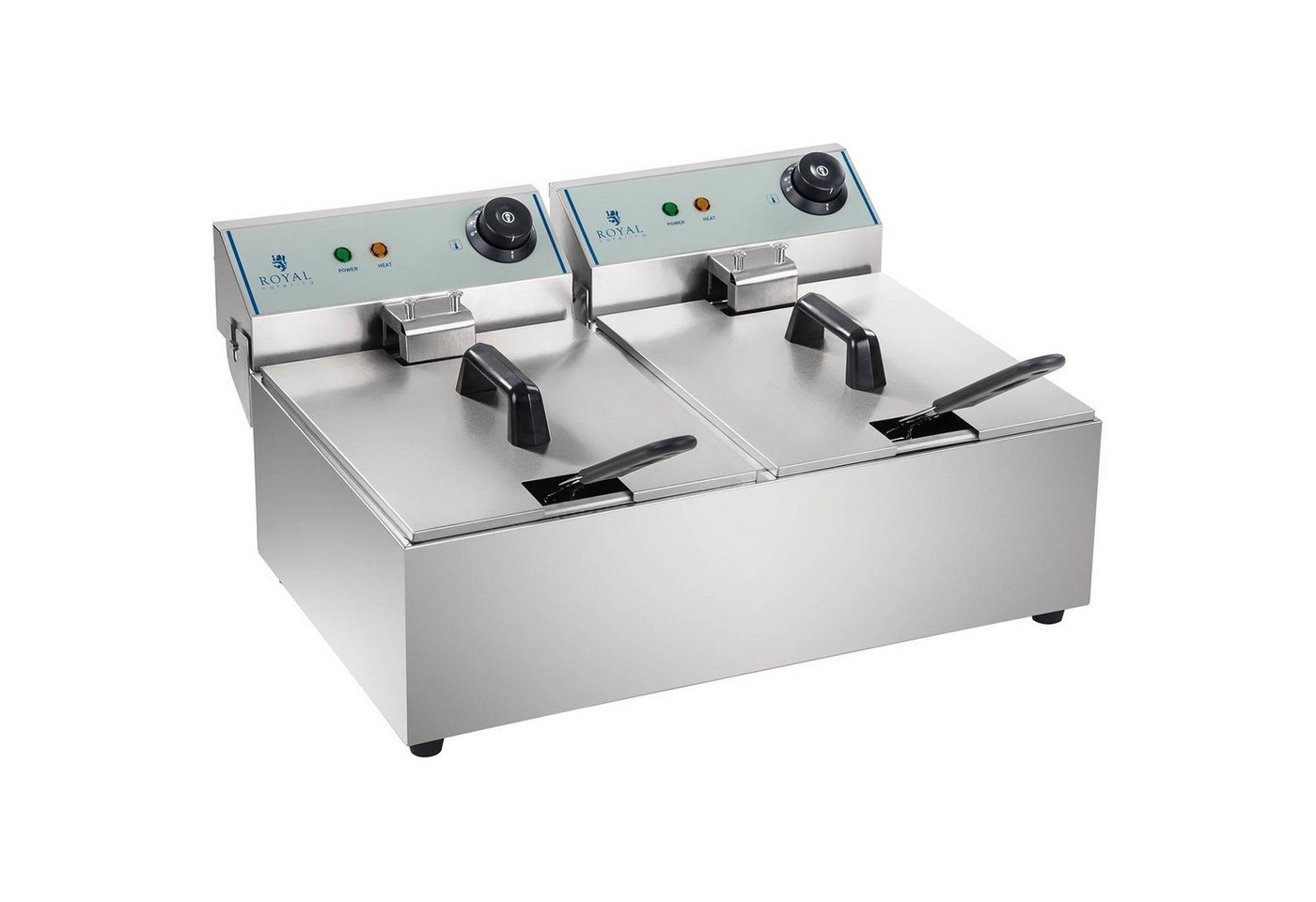 Royal Catering Fritteuse 2 x 10 L Doppel Fritöse 2 x 3200 W Edelstahl, 6400 W, ECO Serie, 230 V / 50 Hz, 200 °C, spülmaschinenfest