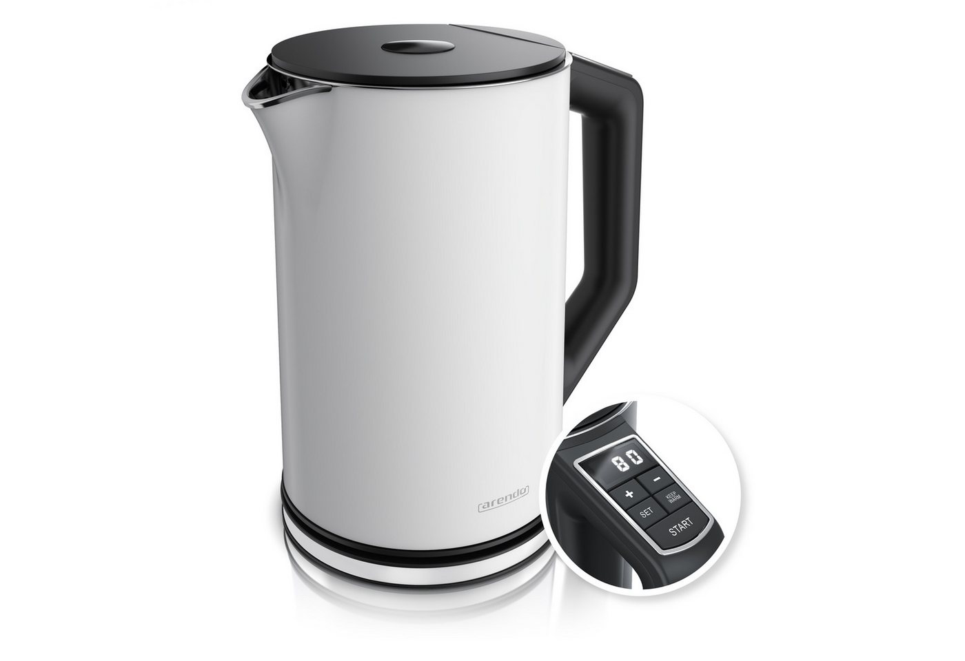Arendo Wasserkocher ELEGANT, 1,5 l, 2200 W, Edelstahl, Doppelwand, Temperatureinstellung 40° - 100 °C mit Anzeige, weißes LED-Display - Preisvergleich