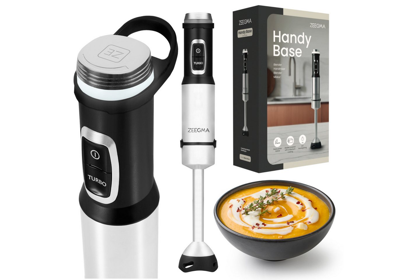 Zeegma Stabmixer HANDY BASE, 1500 W, Titan-Klingen, LED, Turbo, Ergonomischer Griff, weiß