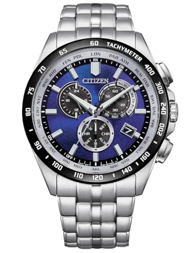 Citizen Watch CB5874-81L, Eco-Drive Chronograph mit blauem Zifferblatt, Silber Edelstahlarmband, Funksteuerung, Stoppuhr und Alarm