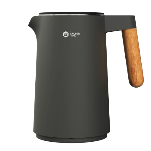 BALTER Edelstahl Wasserkocher mit Temperatureinstellung, 45°C-100°C, Doppelwand, BPA frei, leise & kabellos, Warmhaltefunktion, Teekocher mit Temperaturanzeige, 1.5L, 2200W, Schwarz (Blue Gray)