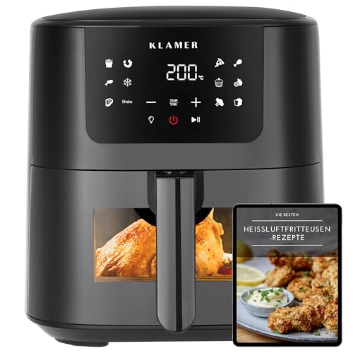 KLAMER Heißluftfritteuse 5l XL, Ölfreier 1500W Airfryer mit LED-Touchscreen und deutschem Rezeptbuch, spülmaschinenfester Korb - Weiß