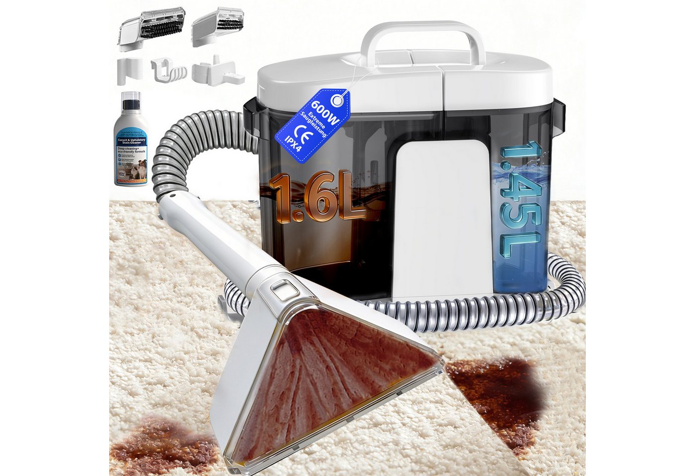 Grenintol Teppichreinigungsgerät C1, 25kPA Waschsauger mit 3-in-1 Zubehörset, Amber-Design, 600 W, tragbarer Nasssauger mit trenntank-System für optimale Reinigung