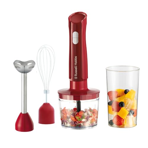Russell Hobbs Desire 3-in-1 Stabmixer, Mixer, Schneebesen & Zerkleinerer in Rot, 600ml Mixbecher, spülmaschinengeeignet, Edelstahlmesser für Smoothies, Suppen, Saucen & Dips