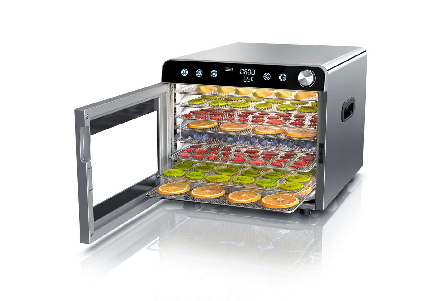 Arendo Dörrautomat Edelstahl, Dehydrator mit Temperaturregler 30-85°C, 8 Etagen, 700 W, Timer 0,5-24 Stunden, BPA-frei
