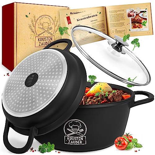 KRUSTENZAUBER 24cm Aluguss Bräter mit Deckel backofengeeignet [inkl. Glasdeckel] - 4L Aluminium Schmortopf & Bratpfanne - Idealer Bräter Induktion, Schmorpfanne, Bratentopf, Gussbräter, Kasserolle - Modernes Kocherlebnis, gleichmäßige Wärmeverteilung, flexibel einsetzbar.