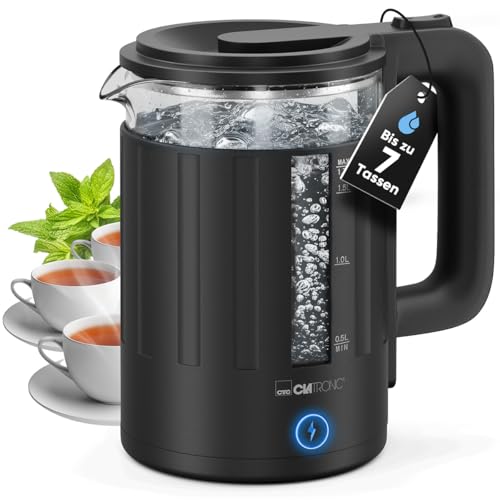 Clatronic® WK 3837 Wasserkocher Glas, 1,7 Liter, BPA-frei, einhandbedienbar, wärmeisoliertes Gehäuse, schwarz, mit Kabelaufwicklung