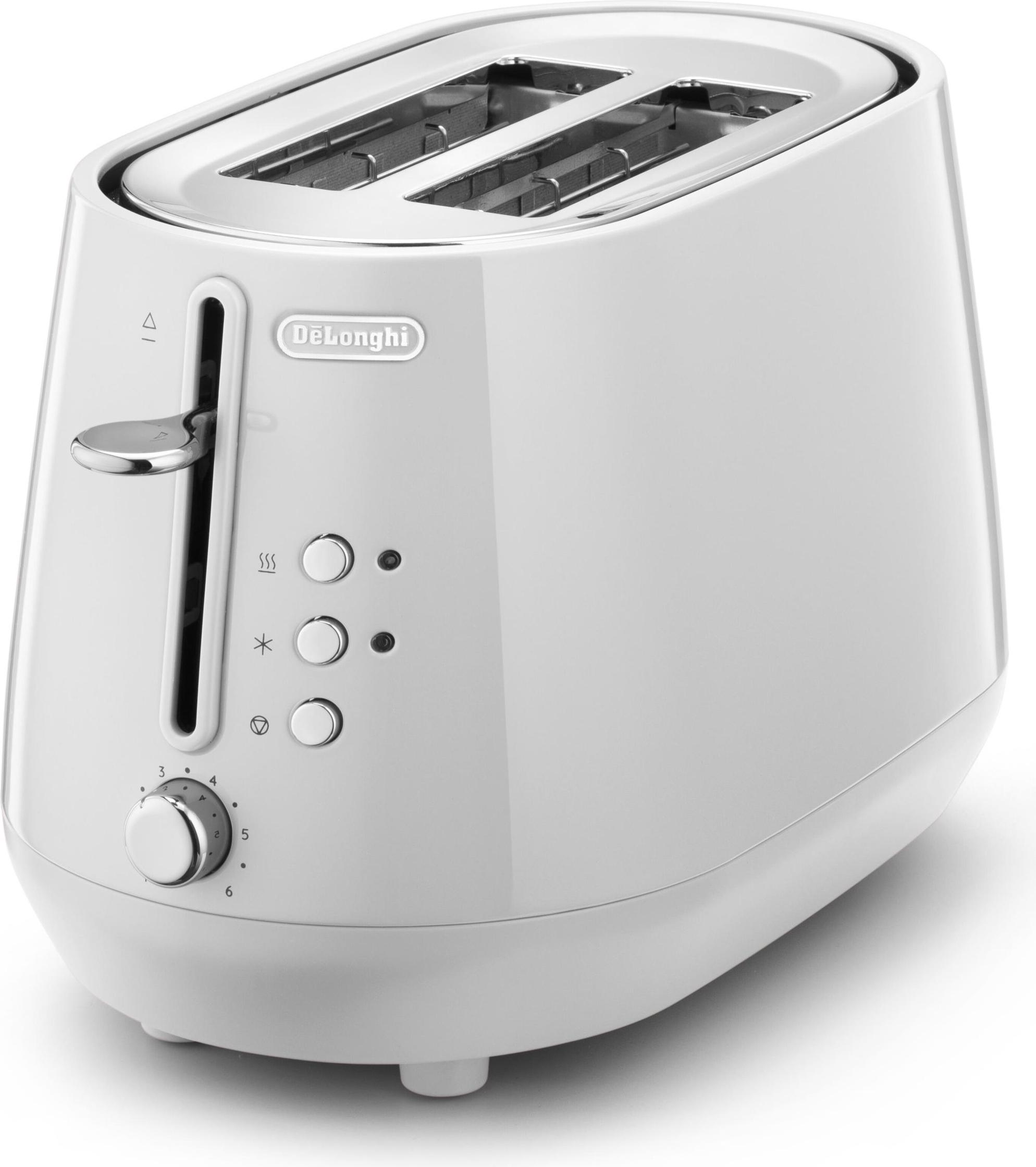 De'Longhi Eclectica CTY2103.W, Toaster mit breiten Schlitzen, fortschrittlichen Bräunungskontrollen und entnehmbarer Krümelschublade, weiß