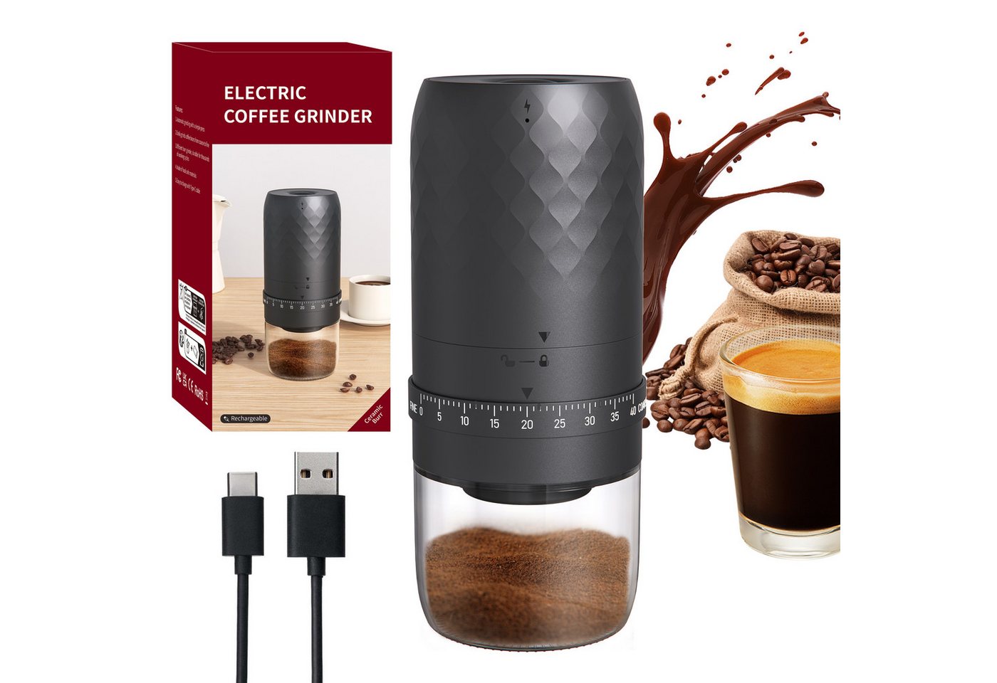 ibettertec Tragbare Elektrische Kaffeemühle, Akku 1800mAh, konischer Keramikfräser, 35g Fassungsvermögen, einstellbare Mahlstärke