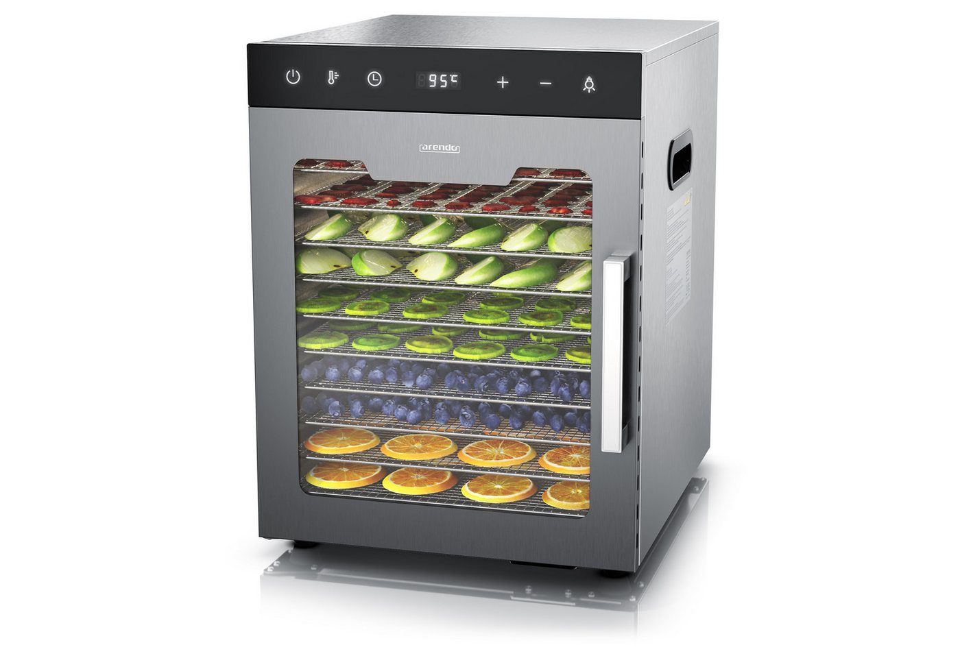 Arendo Dörrautomat Edelstahl, Dehydrator mit 10 Etagen, einstellbare Temperatur 30°-90°C, 800 W, Timer 0,5-24 Stunden, für Obst, Fisch und Fleisch