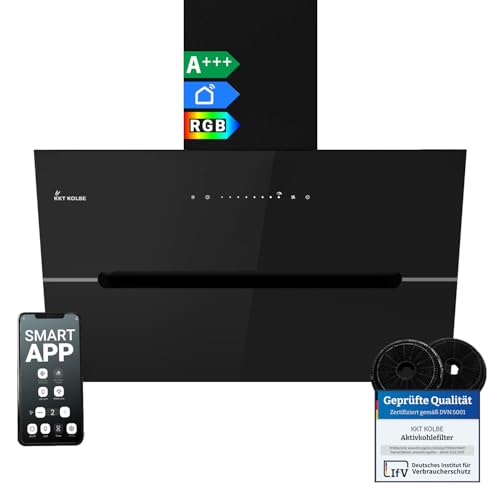 KKT KOLBE ECCO8005SM Dunstabzugshaube 80 cm, 782 cbm/h, kopffrei, Wandhaube, Schwarz Glas, Smart WiFi App, RGBW-LED-Beleuchtung, Energieeffizienzklasse A+++