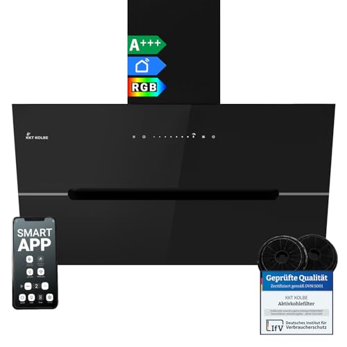 KKT KOLBE Dunstabzugshaube ECCO9005SM, 90 cm Kopffrei mit 782 cbm/h Umluft/Abluft, Smart WiFi, Schwarz Glas, RGBW-LED-Beleuchtung, Touch-Steuerung