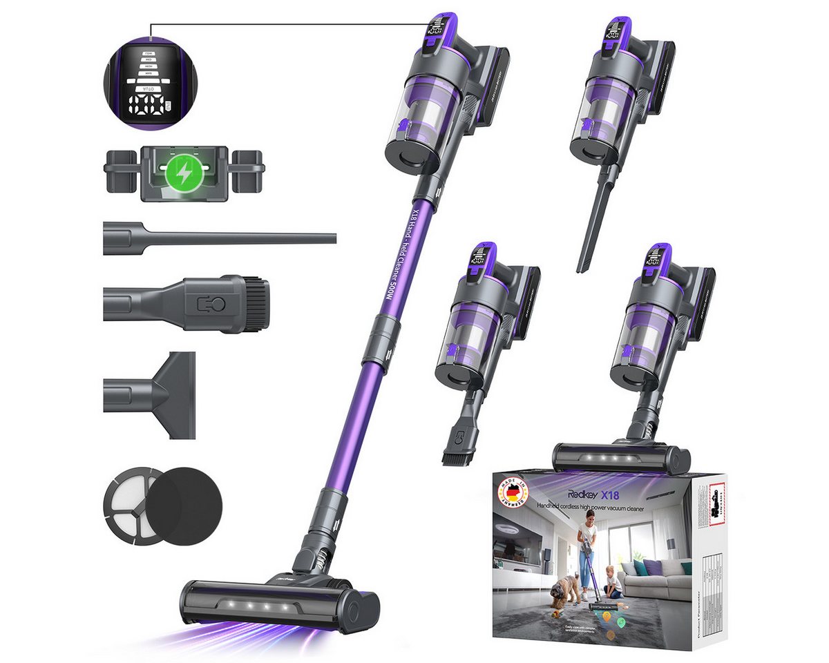 Redkey Hand-und Stielstaubsauger 85000Pa 2025, Akku Staubsauger mit 100 Minuten Laufzeit, 500 W, Ultraleiser Betrieb, HD-LED-Display, 5o% Recyclingkunststoff