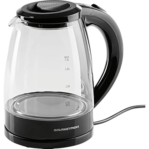 GOURMETmaxx Glas-Wasserkocher 1,8 L, Schwarz, 1800 W, kabellos, mit Blue Vision LED, Kalkfilter, TÜV & GS geprüft, BPA-frei