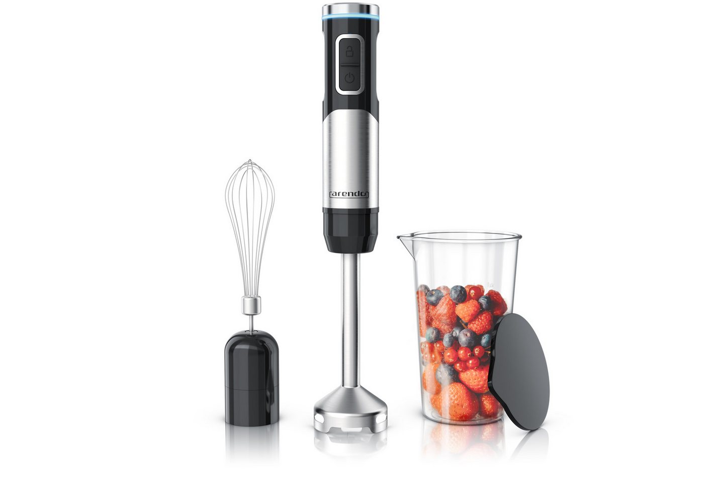 Arendo Akku-Stabmixer Edelstahl, 200 W Handmixer mit stufenloser Regelung, Li-Ionen-Akku, Schneebesen, 4-Klingen-Messer und Messbecher