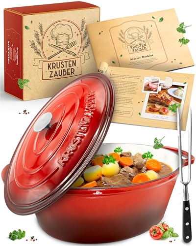 KRUSTENZAUBER 33cm Gusseisen Bräter mit Deckel, 6l Emaille Topf XL, Induktion Oval, Geschenk Weihnachten