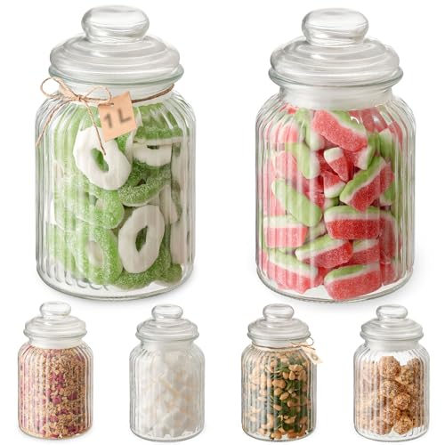 Praknu Candy Bar Gläser Groß 1L - Luftdicht - 6er Set Vintage Bonbonglas mit Deckel & Etiketten - Spülmaschinenfest - für Kekse & Süßigkeiten