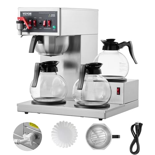 VEVOR Filterkaffeemaschine für 12 Tassen mit 3 Glaskaraffen & 3 Warmhalteplatten, Edelstahl Kaffeemaschine für Restaurant Büro Café