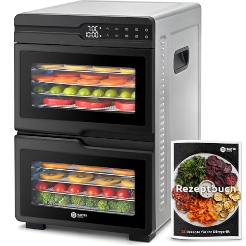 Balter Dörrautomat DA-107, Edelstahl Dehydrator mit 2 Kammern, 12 Etagen, 1000 W, 8800 cm² Dörrfläche, BPA-frei, 35–75 °C, Timer bis 48 Std, Warmhaltefunktion, inklusive Rezeptbuch
