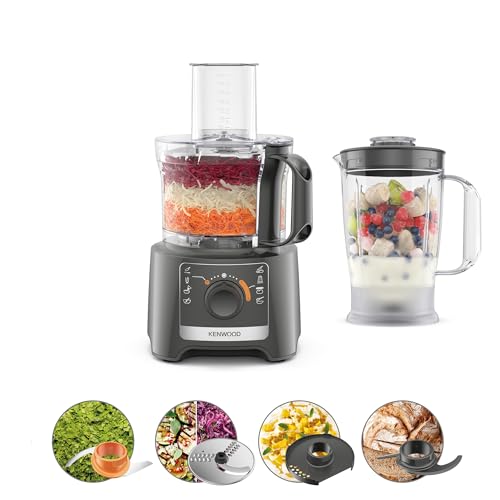 Kenwood Multipro Compact FDP31.170GY, Küchenmaschine mit 800 W, 2 Geschwindigkeiten + Pulse, 2,1 l Schüssel, 1,2 l Mixer, zum Hacken, Reiben und Kneten, grau