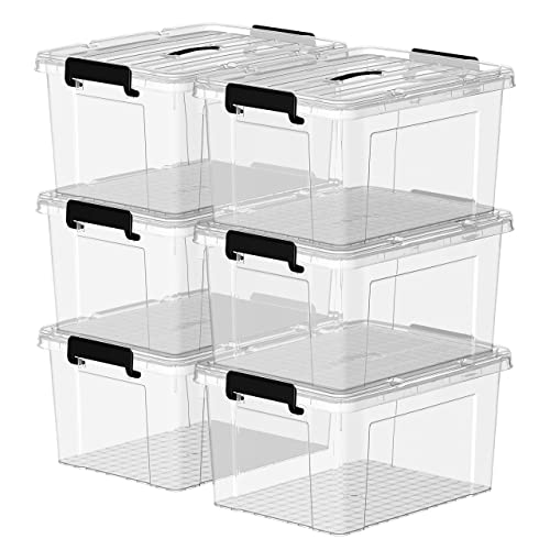 Cetomo,20L,6er-Pack, Aufbewahrungsbox mit deckel,Aufbewahrungsboxen, mit Clips, stapelbar, Wohnzimmer, Schlafzimmer.lebensmittelecht,Verschlussclips,Neumaterial Plastik-Box transparent schwarz