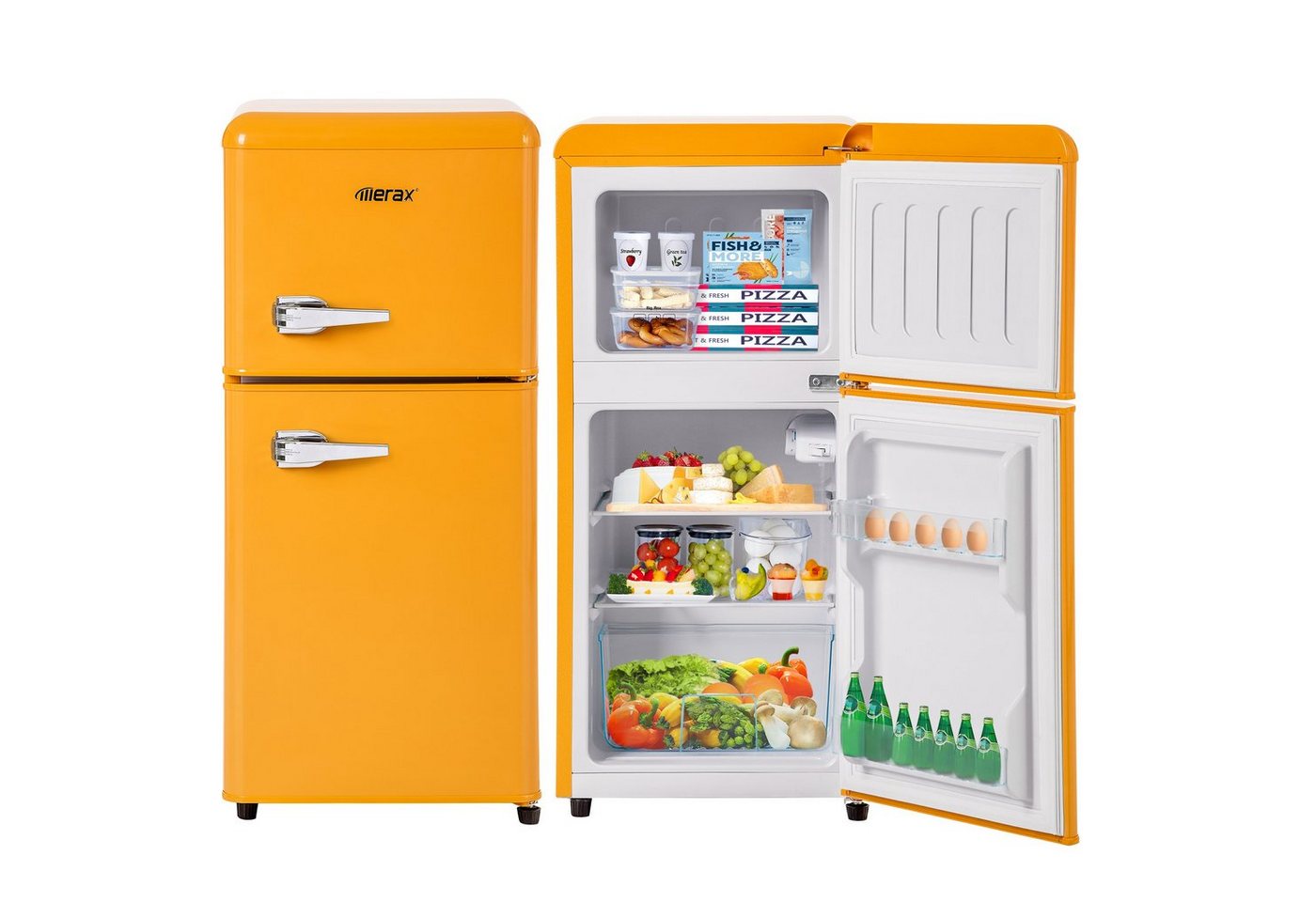 Merax BCD-86, Retro Table Top Kühlschrank in Rot, 60 L mit Gefrierfach, Energieeffizienzklasse E, 87 cm hoch, 42 cm breit