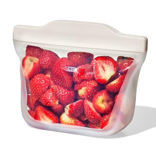 OXO Good Grips wiederverwendbarer Silikonbeutel, Snack-Standbeutel (335 ml) in Hafer, lebensmittelechtes Silikon, auslaufsicherer Verschluss, staubabweisende Oberfläche