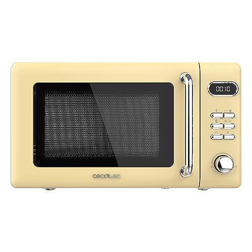 Cecotec Proclean 5110 Retro Yellow Digitale Mikrowelle mit Grill, 700 W, 5 Stufen, Timer bis 60 Minuten, 8 Programme und Auftaumodus, Vintage-Design in Gelb