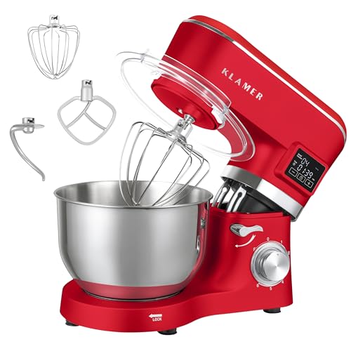 KLAMER Küchenmaschine Classic 1400 W, 5,5 L Edelstahlschüssel, Knet-, Rühr- & Schneebesenaufsatz, Timer & LED-Display, stabile Saugnapffüße, ideal für Brot-, Kuchen- & Pizzateig
