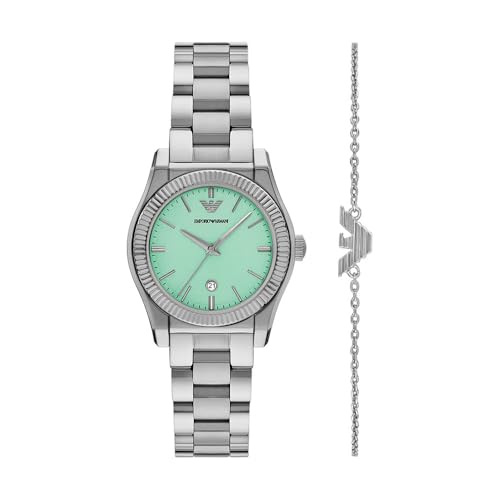 Emporio Armani AR80074SET, Uhren-Set Edelstahl mit mintfarbigem Ziffernblatt und Armschmuck, silber